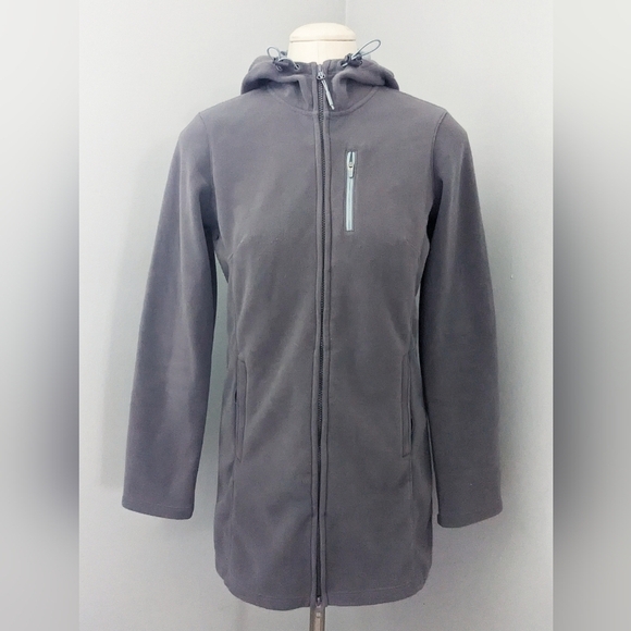 Athleta Womens Swara Fleece Jacket Gray Blue Long Full Zip Hooded Extra Small XS - Picture 7 of 7